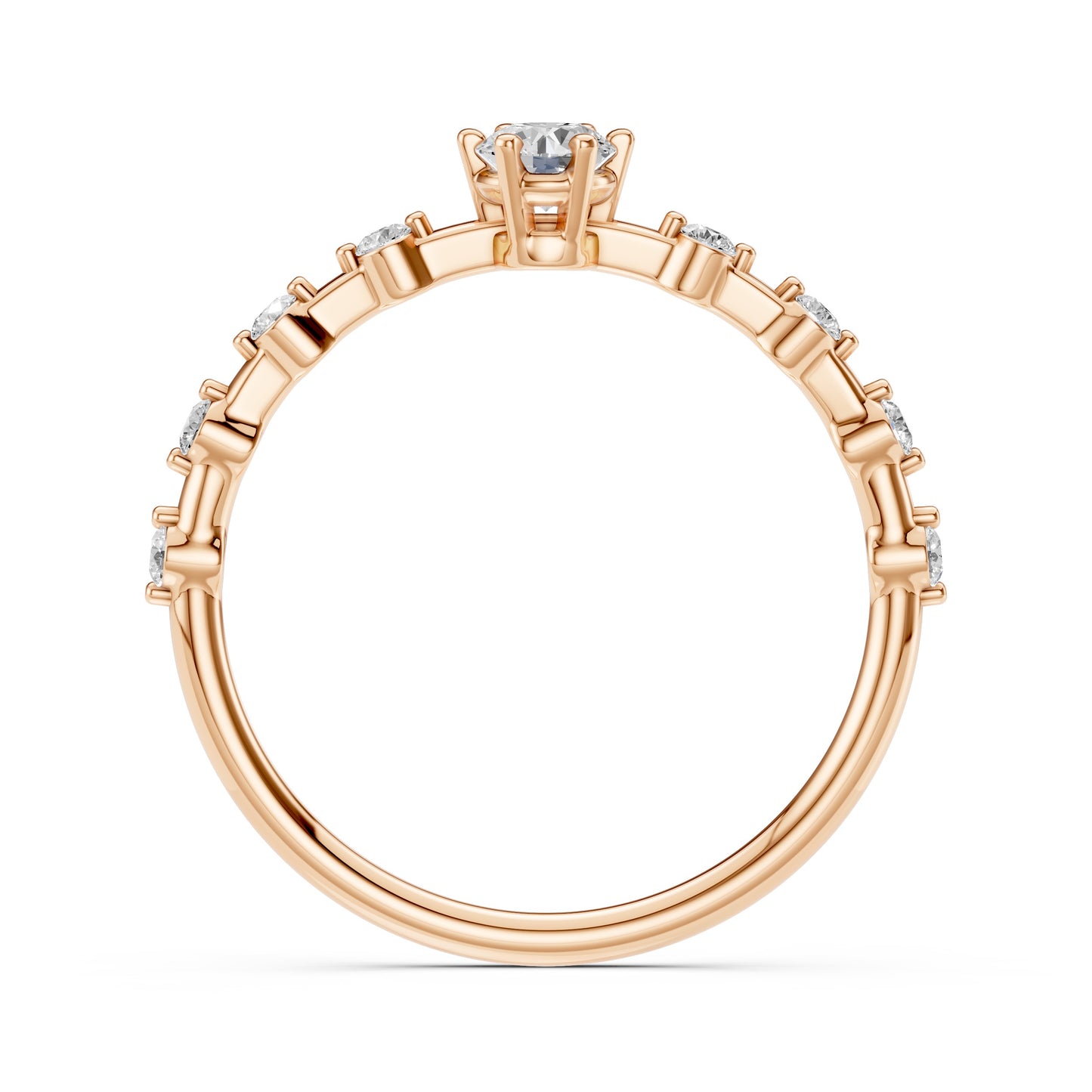 Zaročni prstan iz rdečega zlata z okroglim naravnim diamantom in stranskimi diamanti