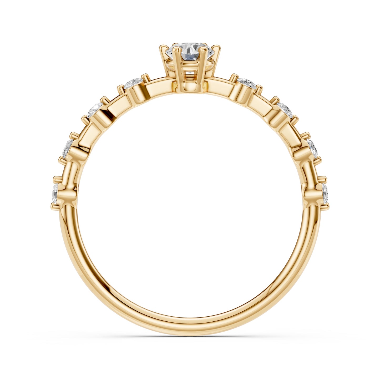 Zaročni prstan iz rumenega zlata z okroglim naravnim diamantom in stranskimi diamanti