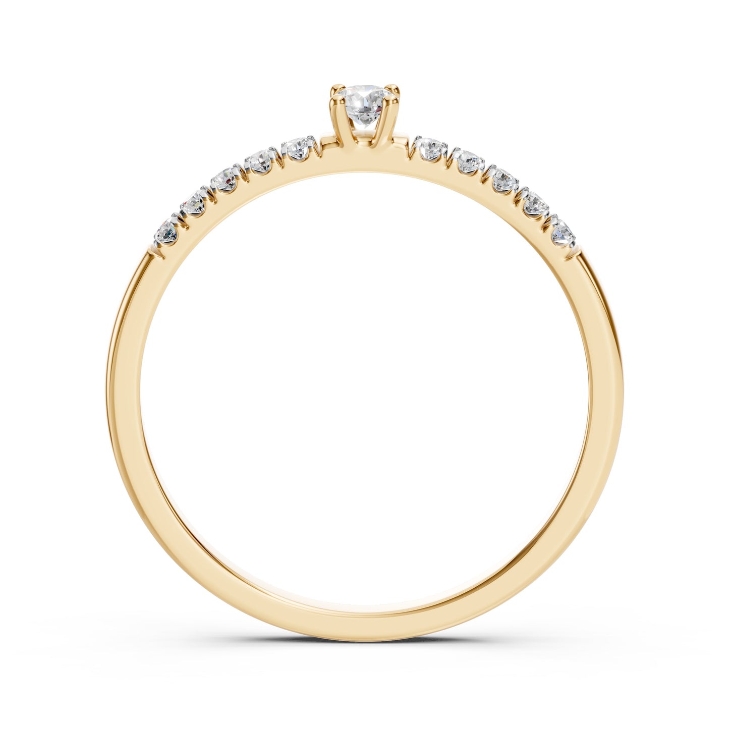 Zaročni prstan iz rumenega zlata z okroglim naravnim diamantom in stranskimi diamanti