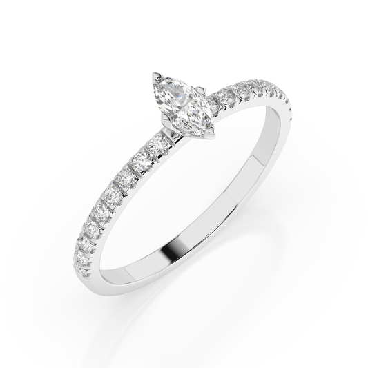 Zaročni prstan iz belega zlata z naravnim diamantom oblike markiz