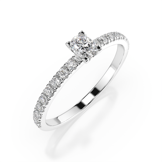 Zaročni prstan iz belega zlata z ovalnim naravnim diamantom