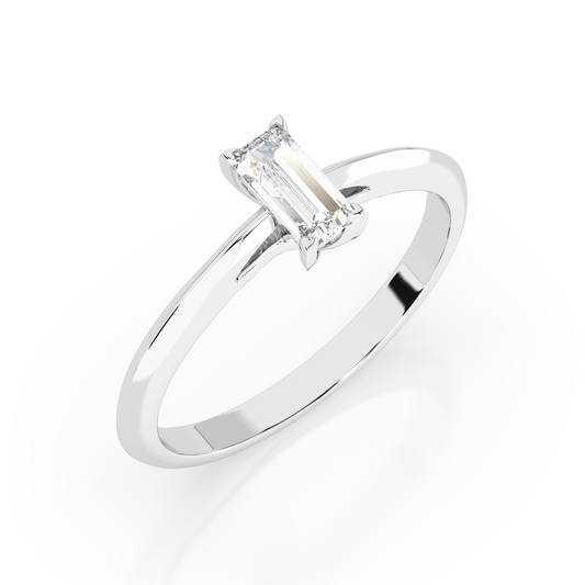 Zaročni prstan iz belega zlata s pravokotnim naravnim diamantom