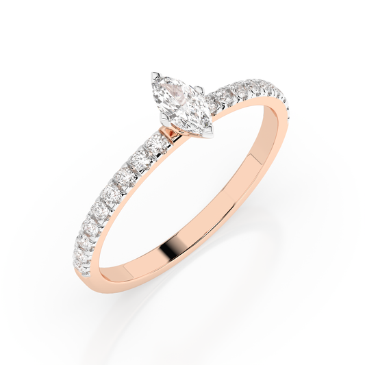 Zaročni prstan iz rdečega zlata z naravnim diamantom oblike markiz