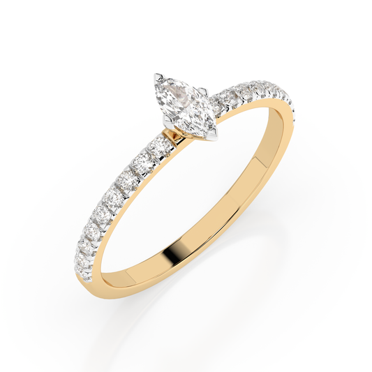 Zaročni prstan iz rumenega zlata z naravnim diamantom oblike markiz