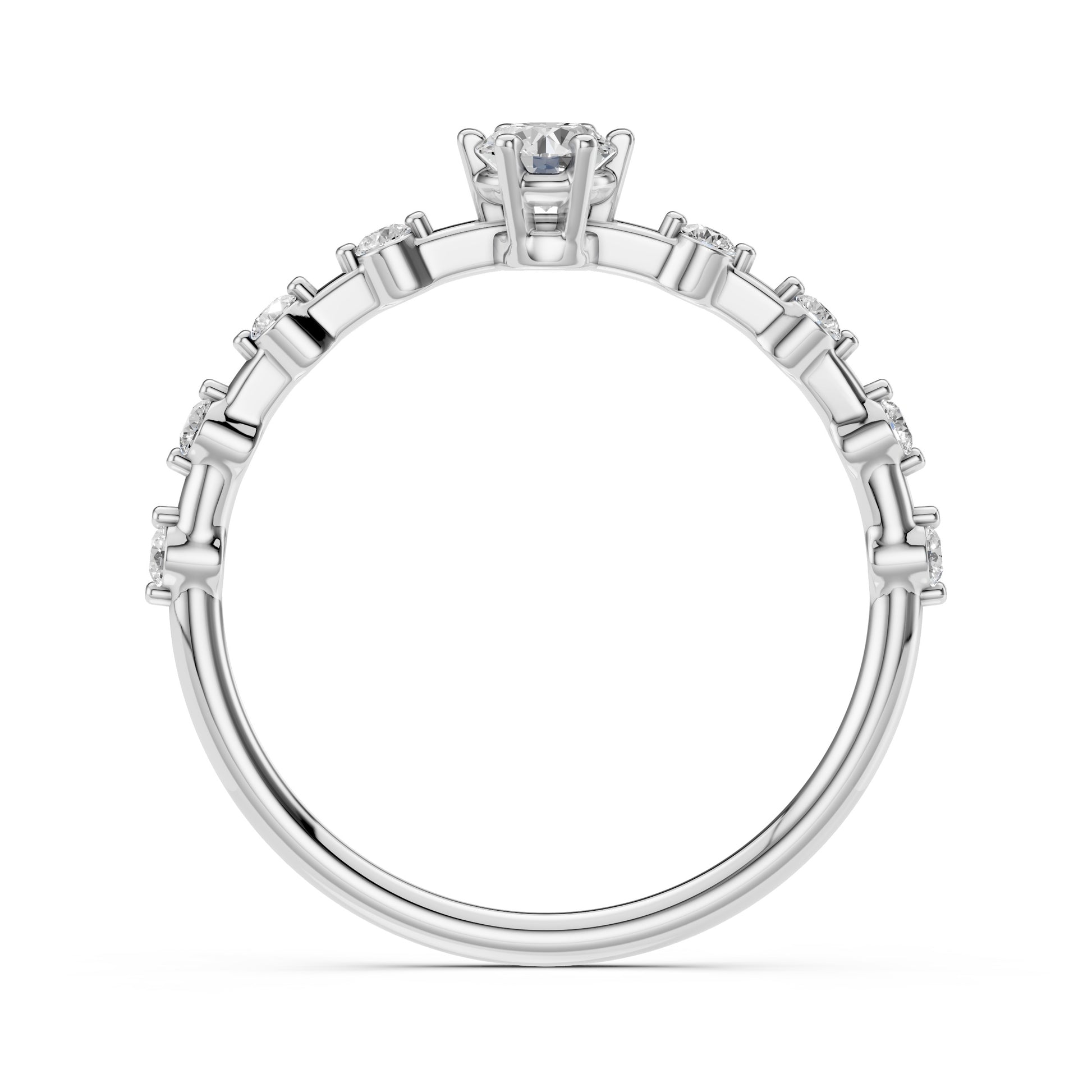 Zaročni prstan iz belega zlata z okroglim naravnim diamantom in stranskimi diamanti