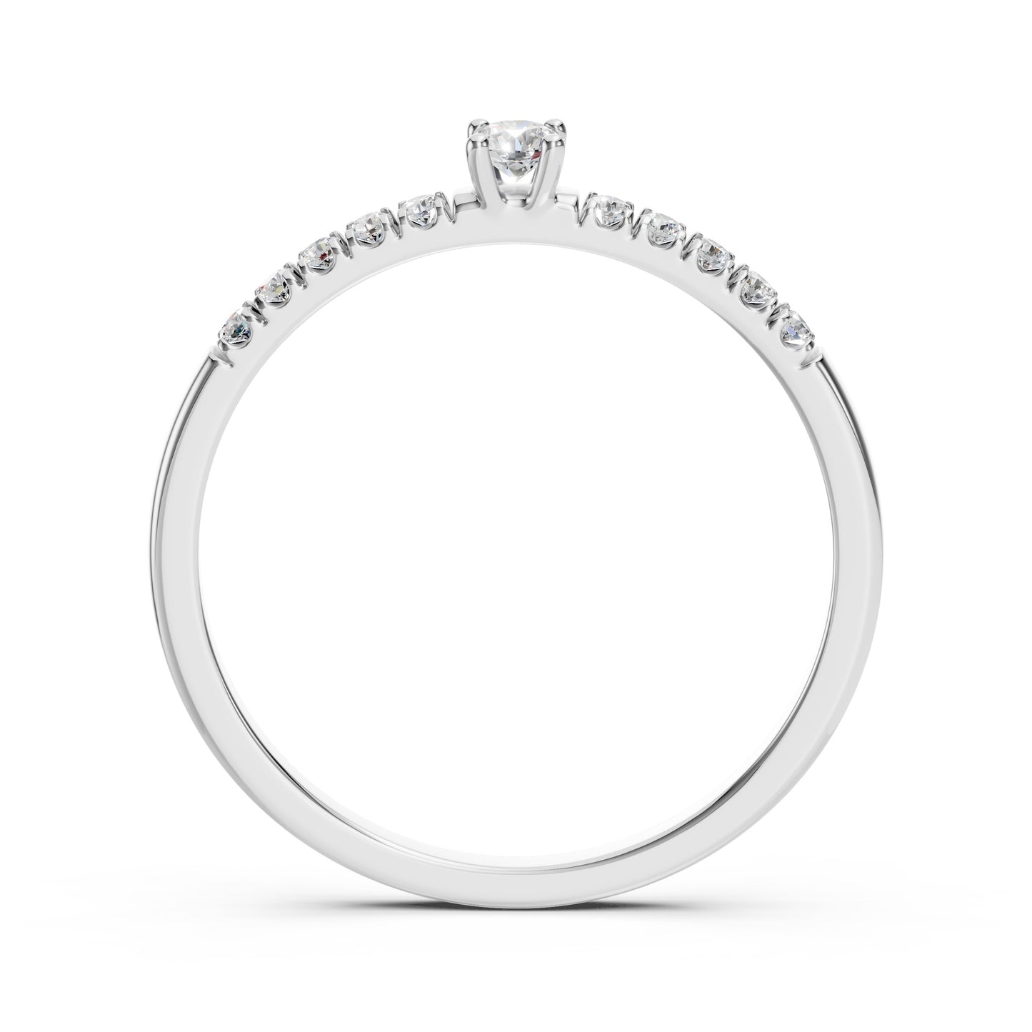 Zaročni prstan iz belega zlata z okroglim naravnim diamantom in stranskimi diamanti