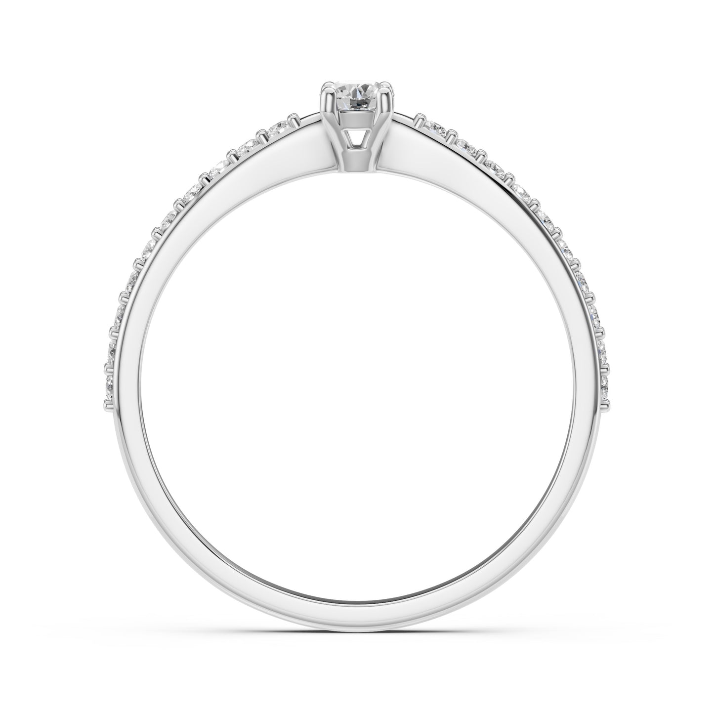 Zaročni prstan iz belega zlata z okroglim naravnim diamantom in stranskimi diamanti