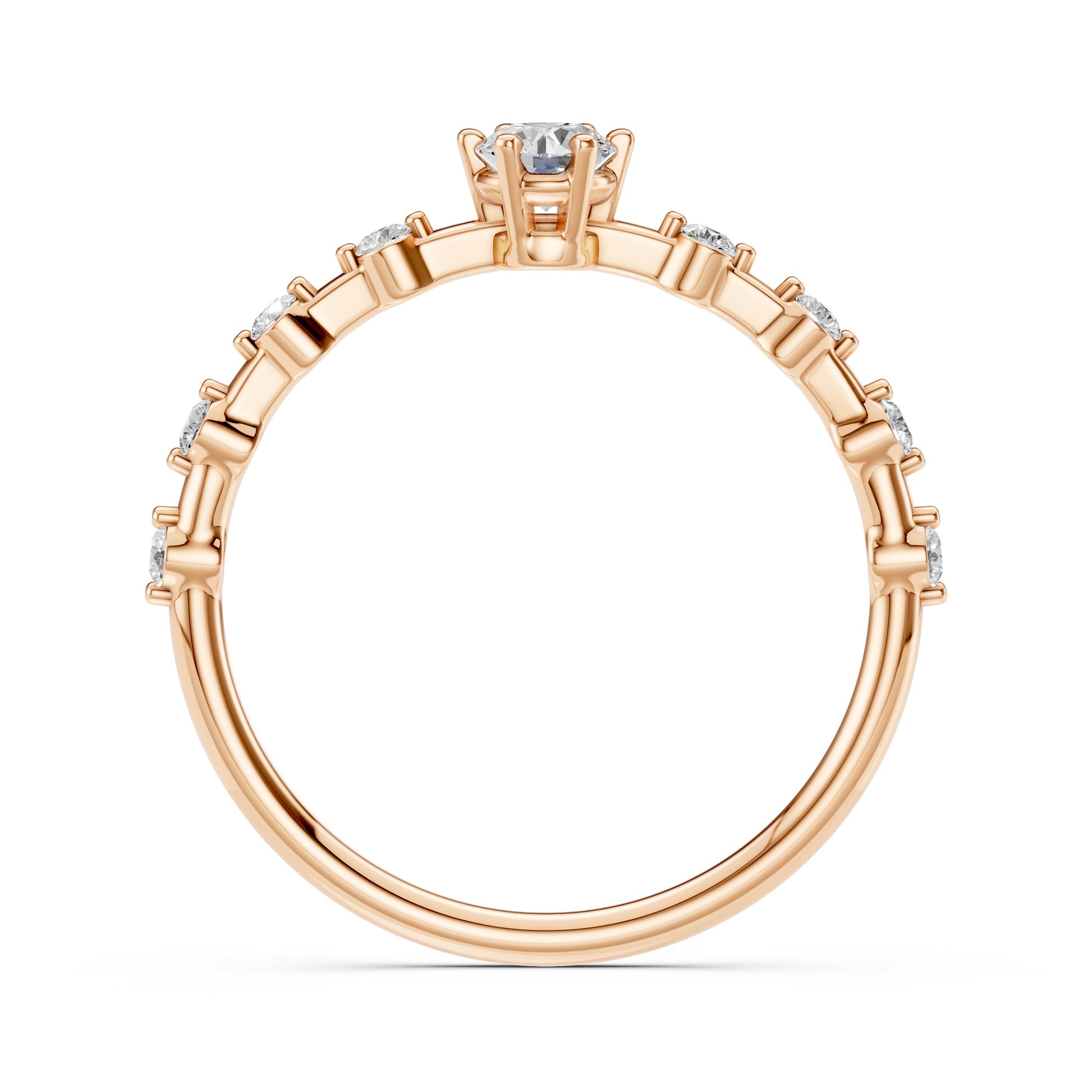 Zaročni prstan iz rdečega zlata z okroglim naravnim diamantom in stranskimi diamanti