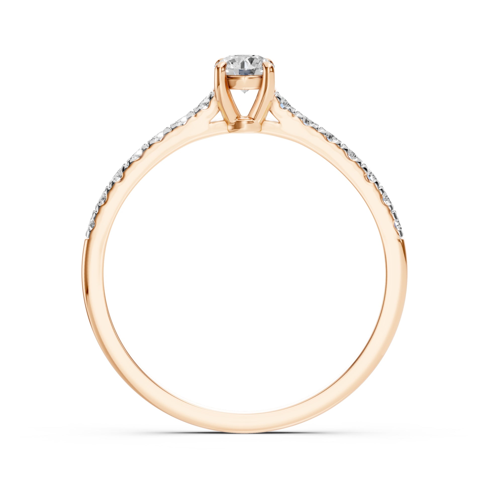 Zaročni prstan iz rdečega zlata z okroglim naravnim diamantom in stranskimi diamanti