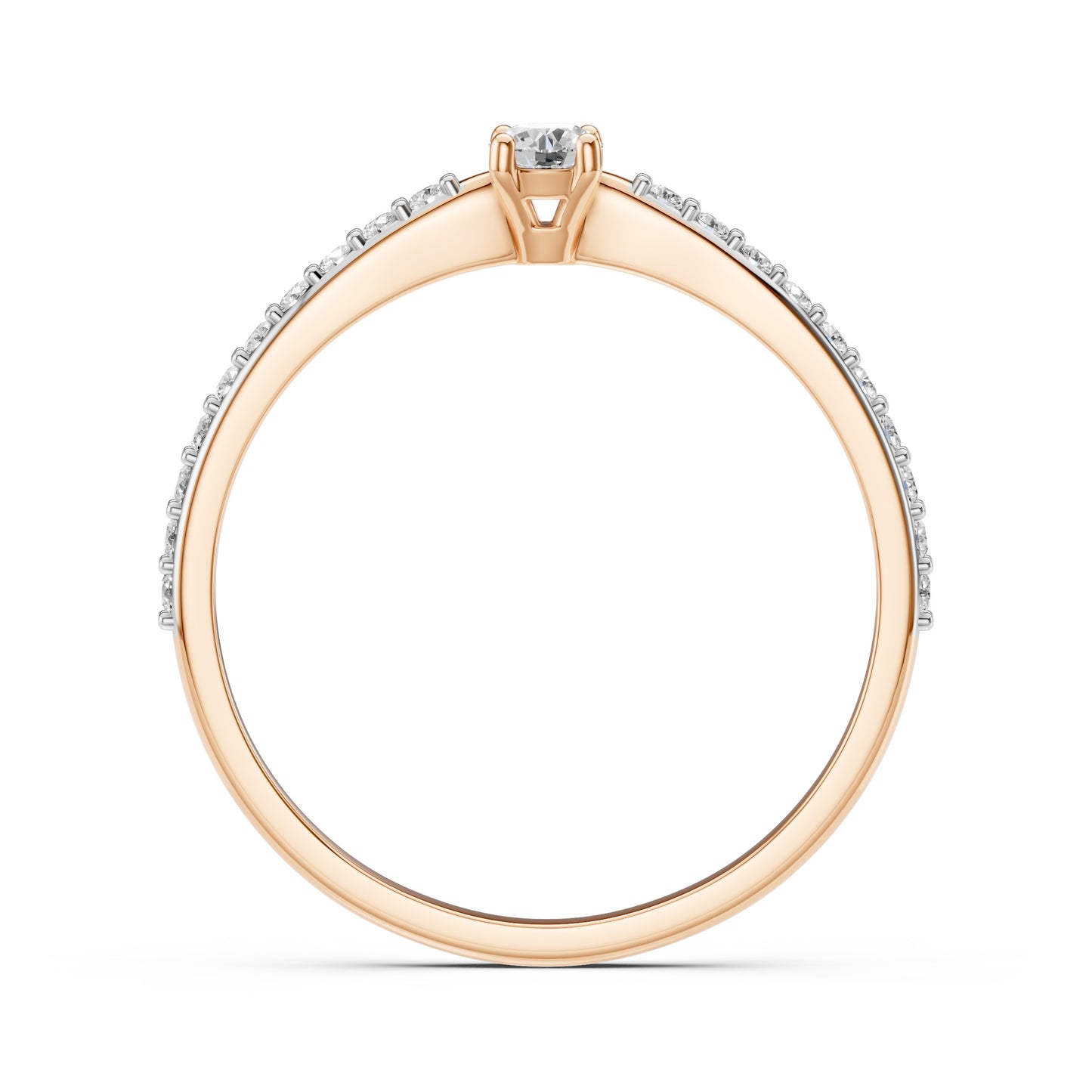 Zaročni prstan iz rdečega zlata z okroglim naravnim diamantom in stranskimi diamanti