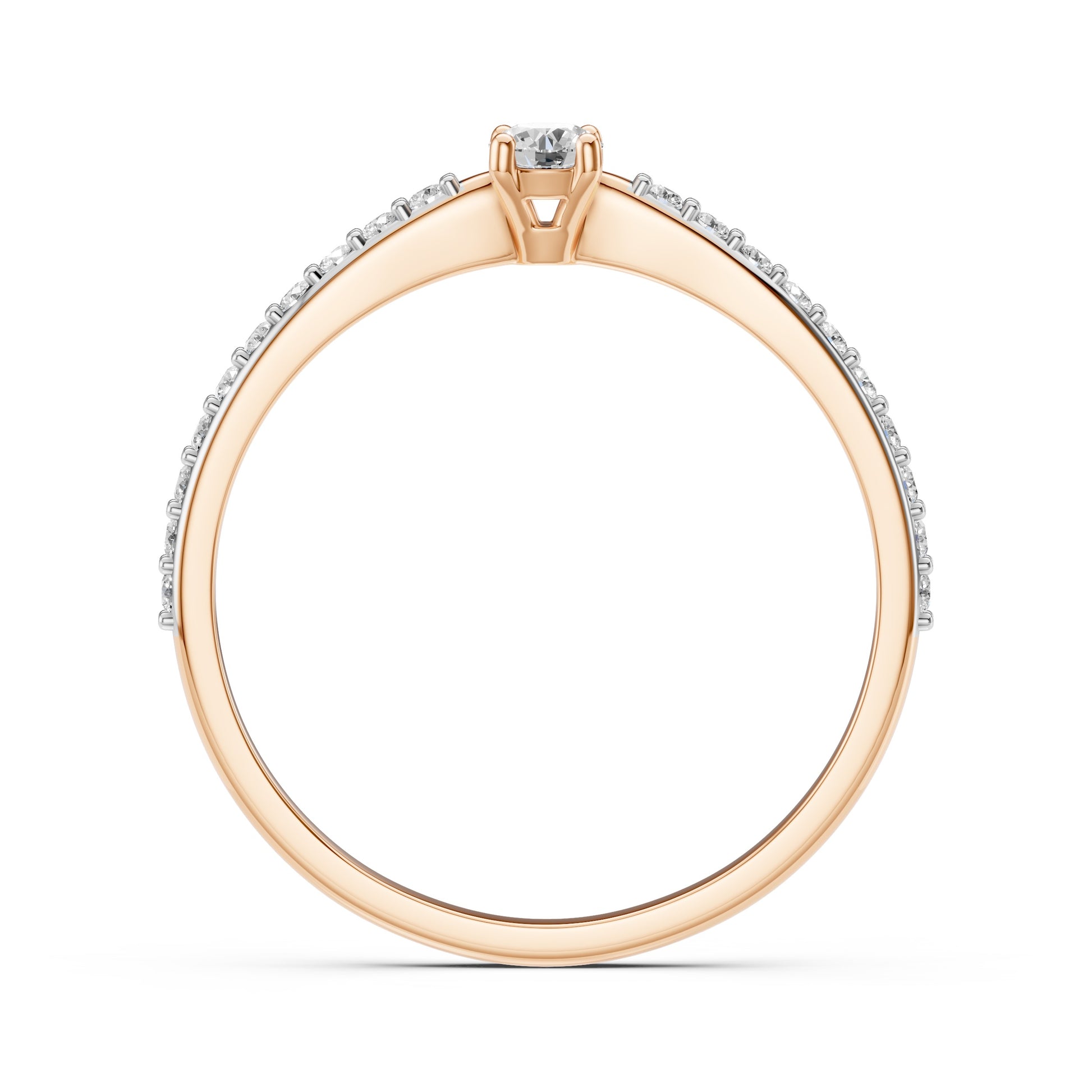 Zaročni prstan iz rdečega zlata z okroglim naravnim diamantom in stranskimi diamanti