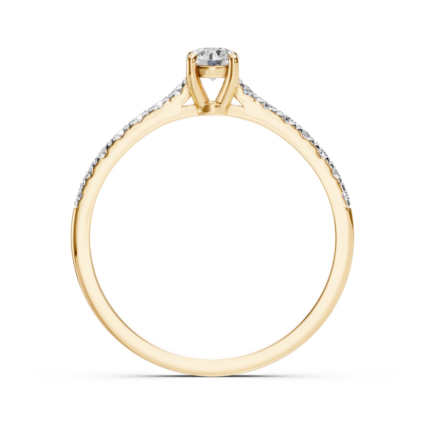 Zaročni prstan iz rumenega zlata z okroglim naravnim diamantom in stranskimi diamanti