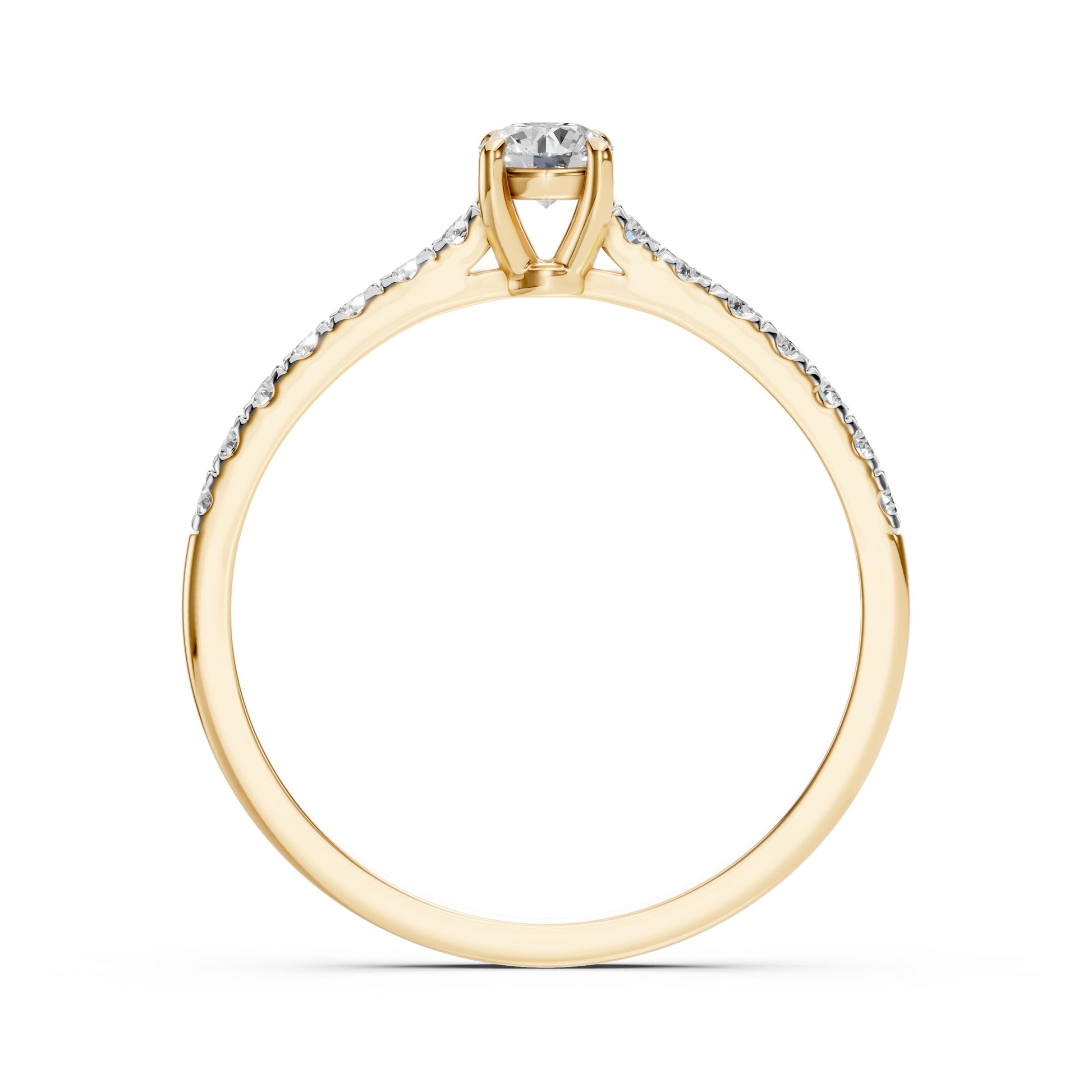 Zaročni prstan iz rumenega zlata z okroglim naravnim diamantom in stranskimi diamanti