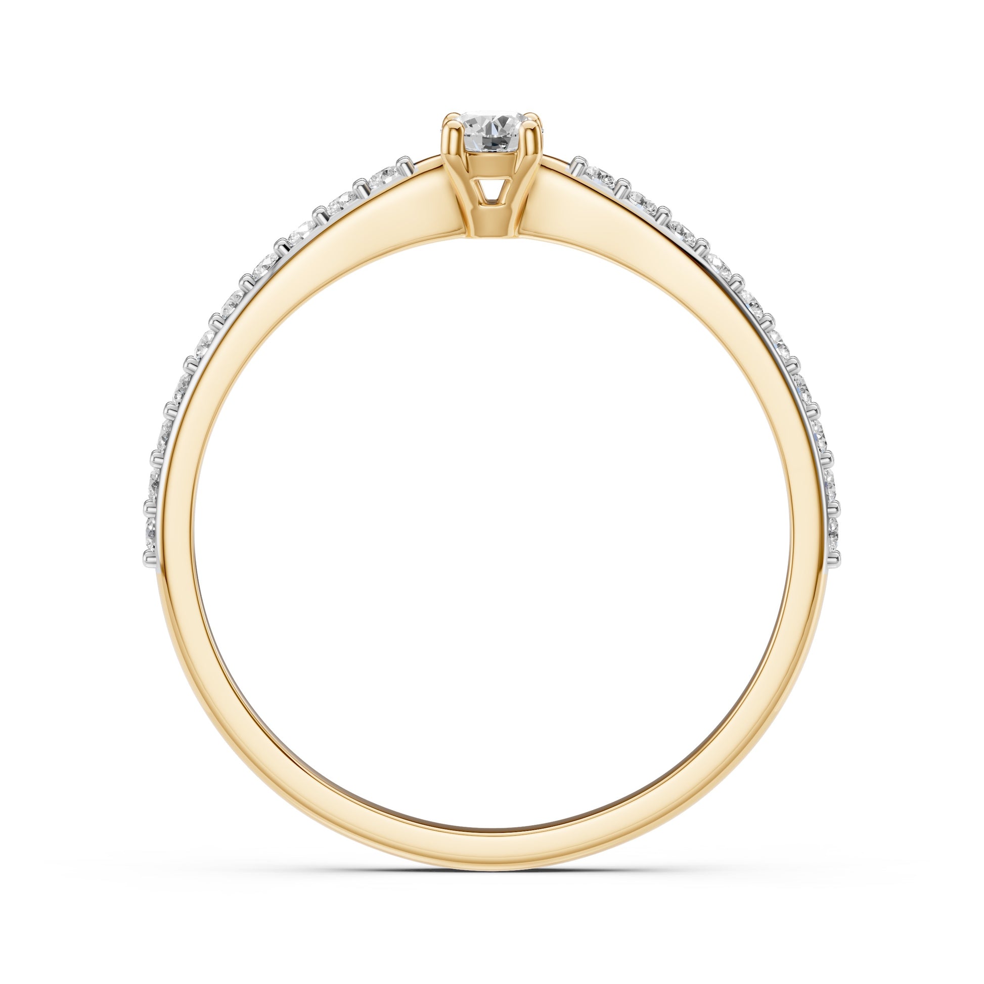 Zaročni prstan iz rumenega zlata z okroglim naravnim diamantom in stranskimi diamanti