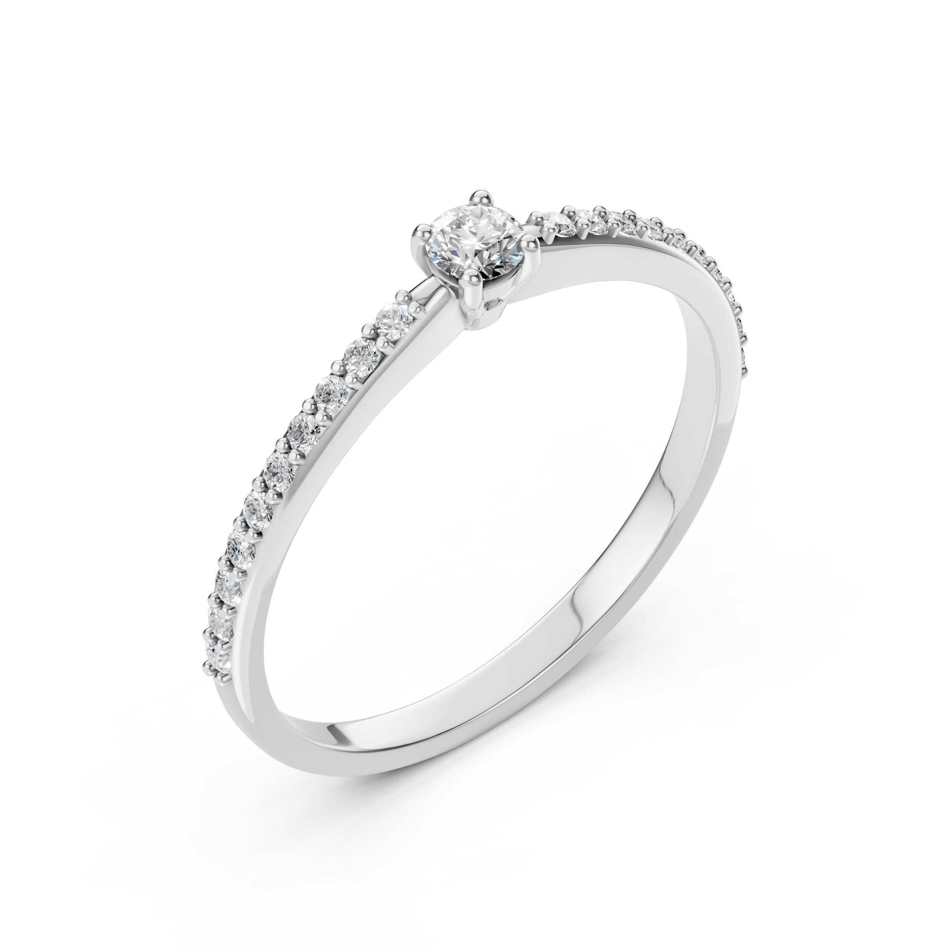 Zaročni prstan iz belega zlata z okroglim naravnim diamantom in stranskimi diamanti