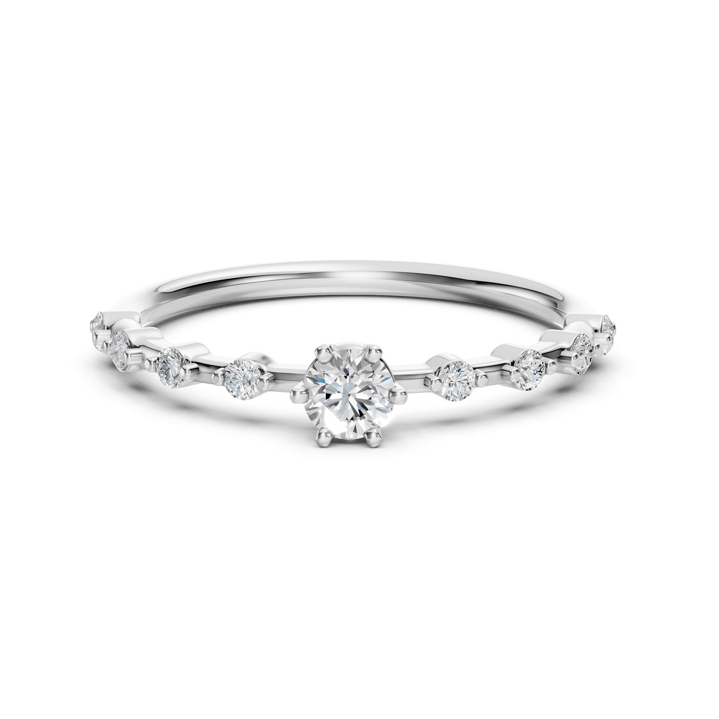 Zaročni prstan iz belega zlata z okroglim naravnim diamantom in stranskimi diamanti