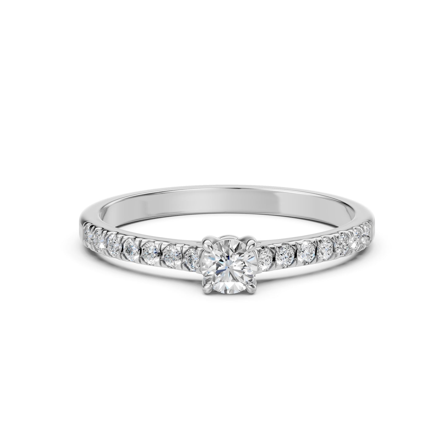 Zaročni prstan iz belega zlata z okroglim naravnim diamantom in stranskimi diamanti