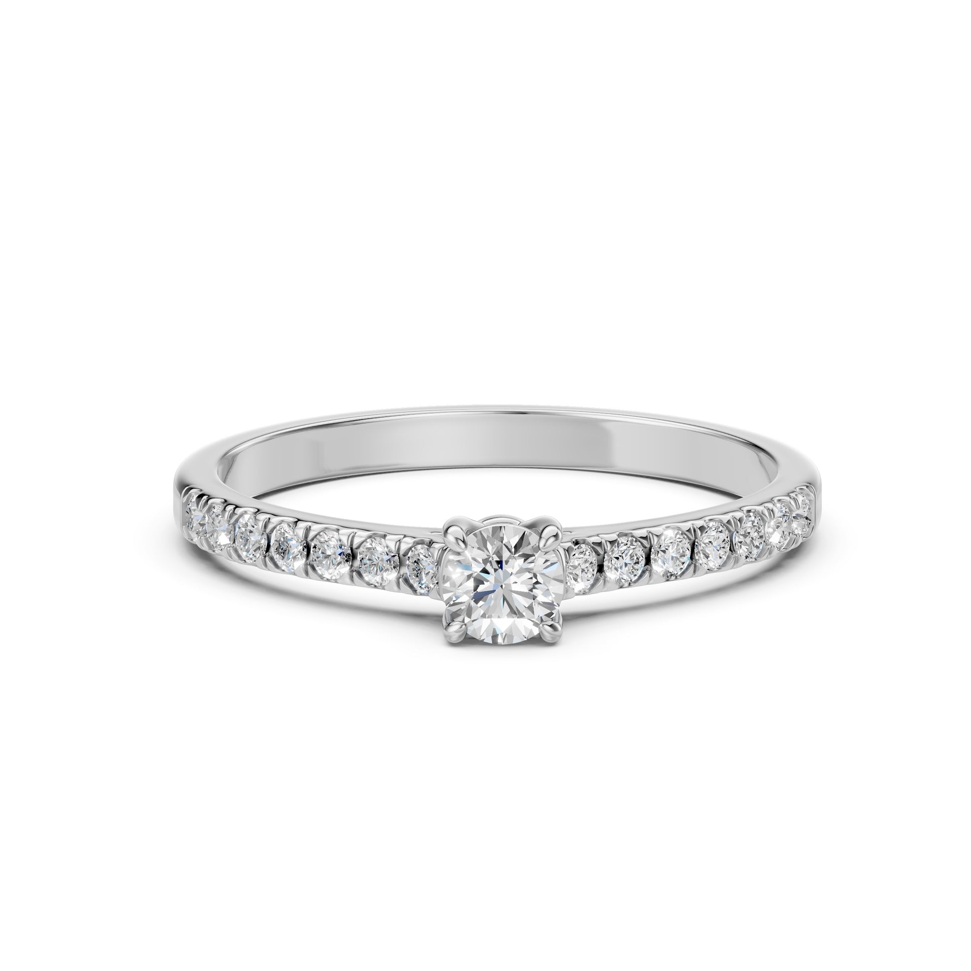 Zaročni prstan iz belega zlata z okroglim naravnim diamantom in stranskimi diamanti