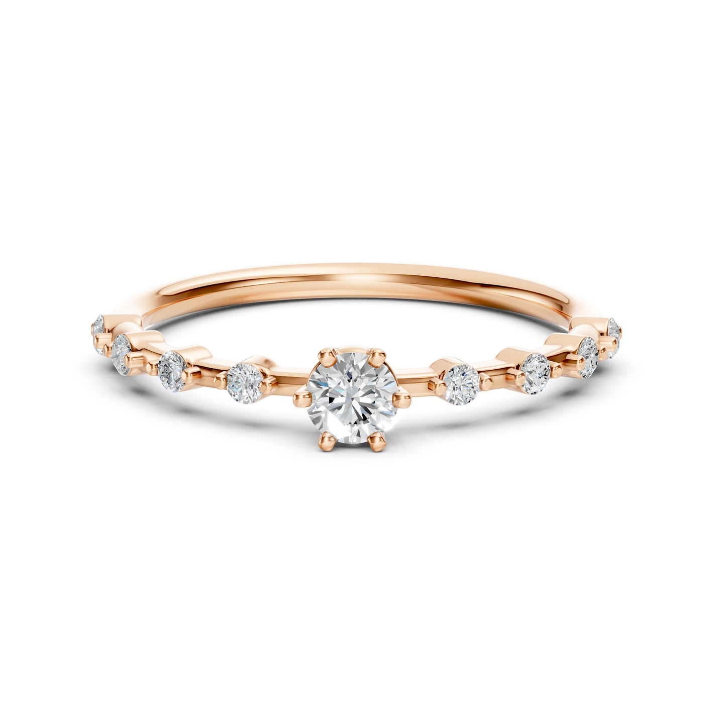 Zaročni prstan iz rdečega zlata z okroglim naravnim diamantom in stranskimi diamanti