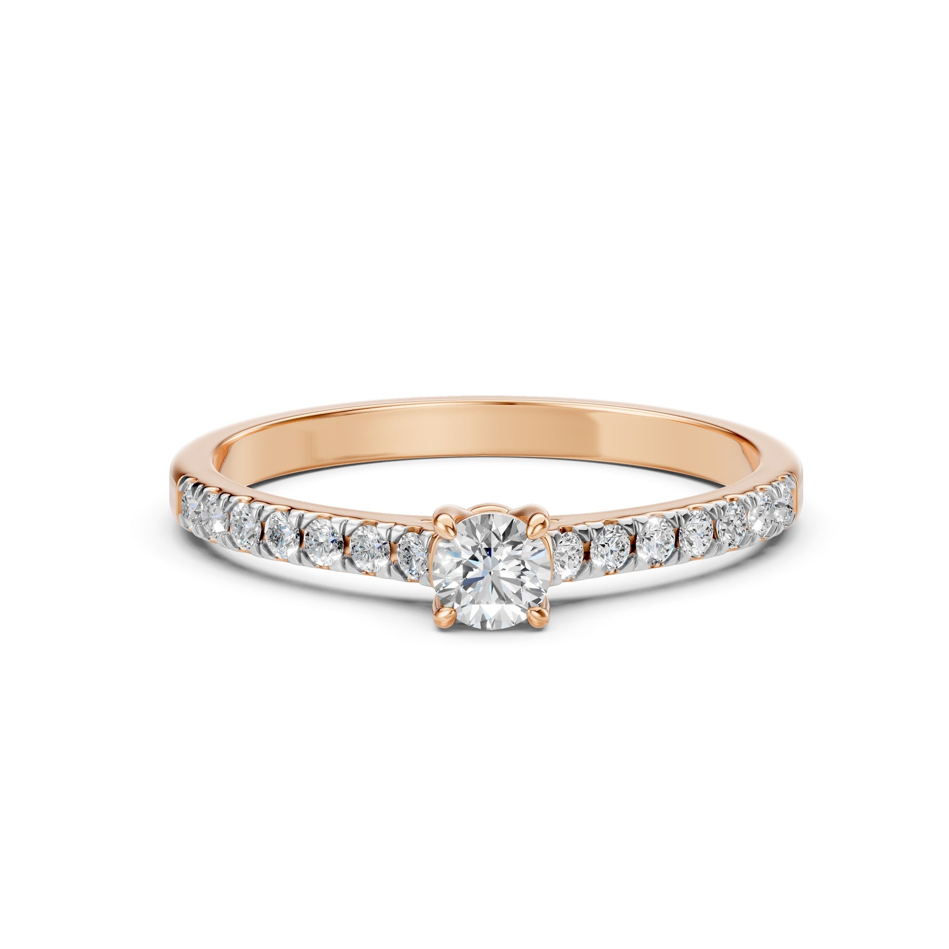 Zaročni prstan iz rdečega zlata z okroglim naravnim diamantom in stranskimi diamanti