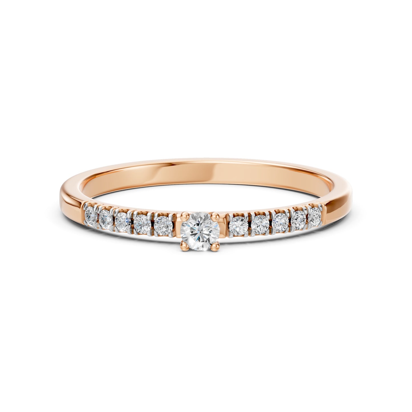 Zaročni prstan iz rdečega zlata z okroglim naravnim diamantom in stranskimi diamanti