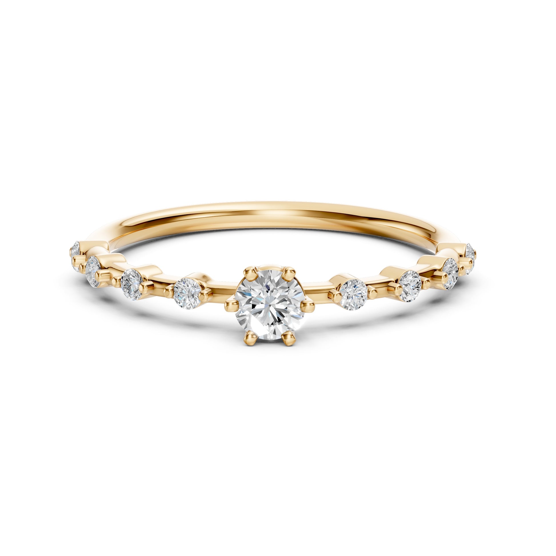 Zaročni prstan iz rumenega zlata z okroglim naravnim diamantom in stranskimi diamanti