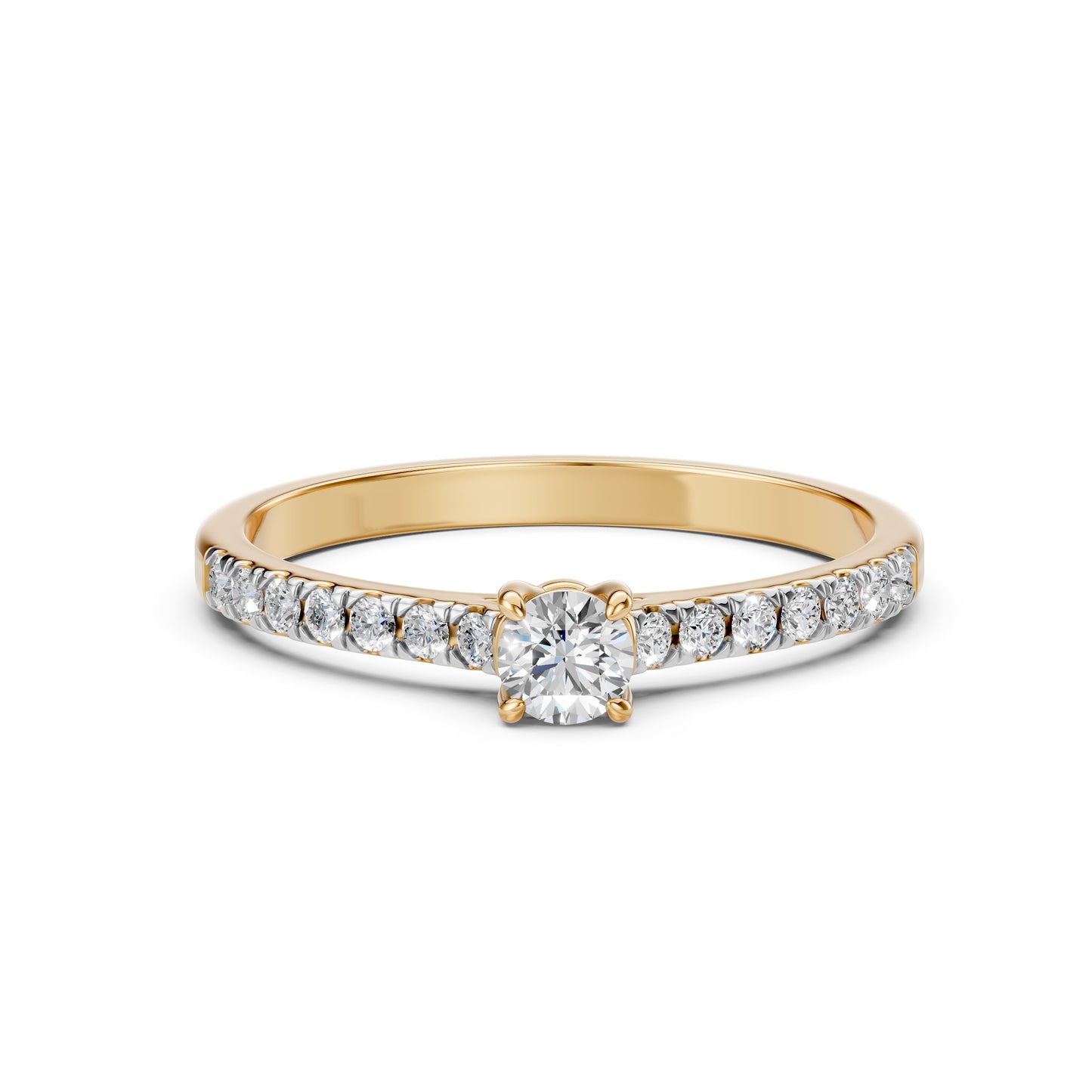 Zaročni prstan iz rumenega zlata z okroglim naravnim diamantom in stranskimi diamanti