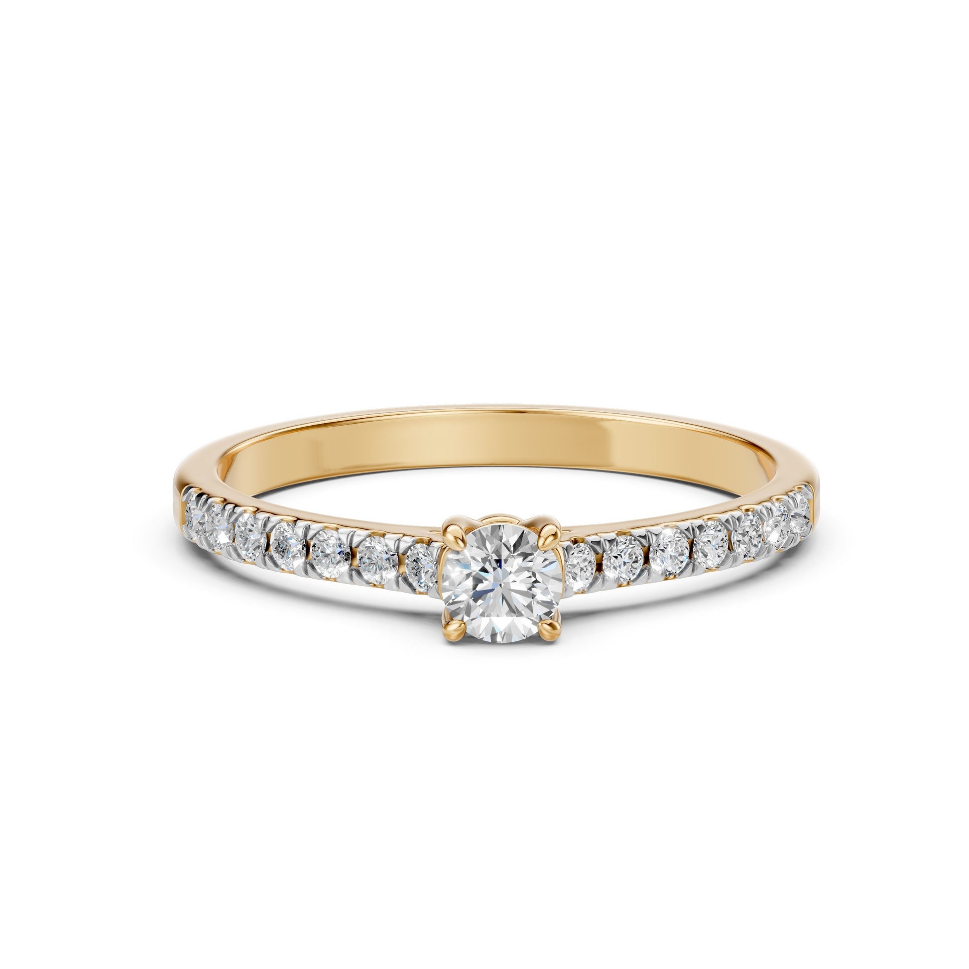 Zaročni prstan iz rumenega zlata z okroglim naravnim diamantom in stranskimi diamanti