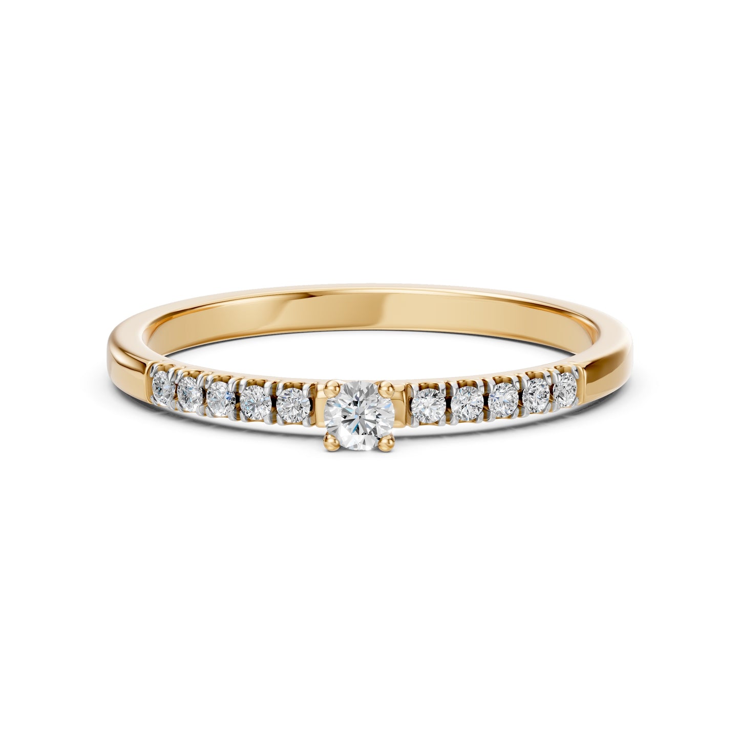 Zaročni prstan iz rumenega zlata z okroglim naravnim diamantom in stranskimi diamanti