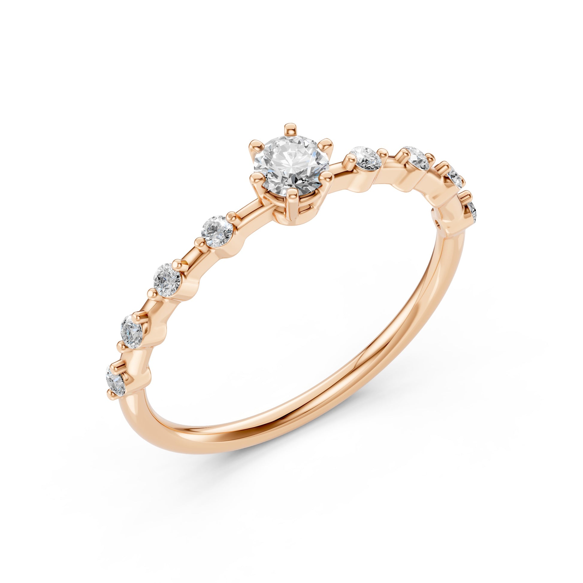 Zaročni prstan iz rdečega zlata z okroglim naravnim diamantom in stranskimi diamanti