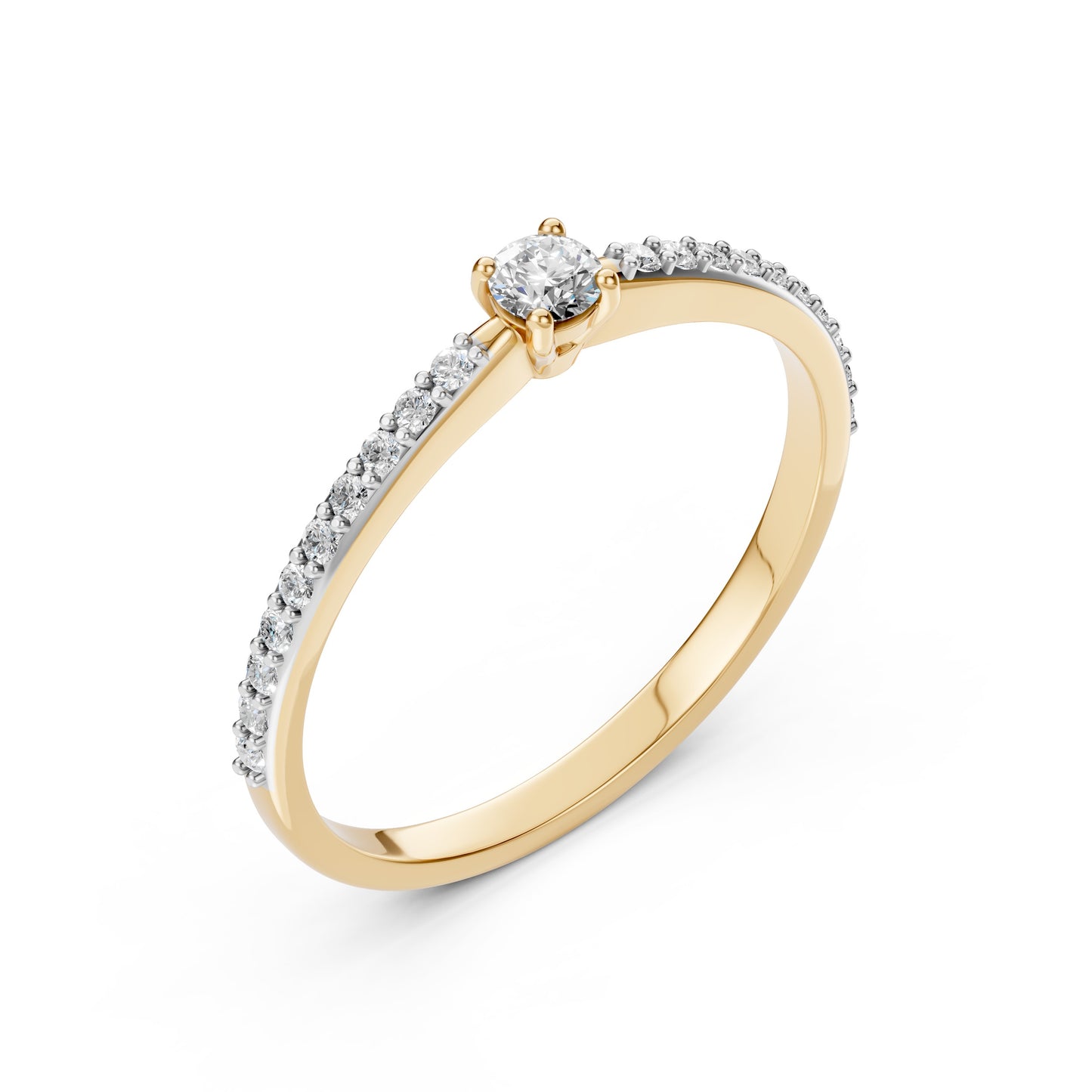 Zaročni prstan iz rumenega zlata z okroglim naravnim diamantom in stranskimi diamanti